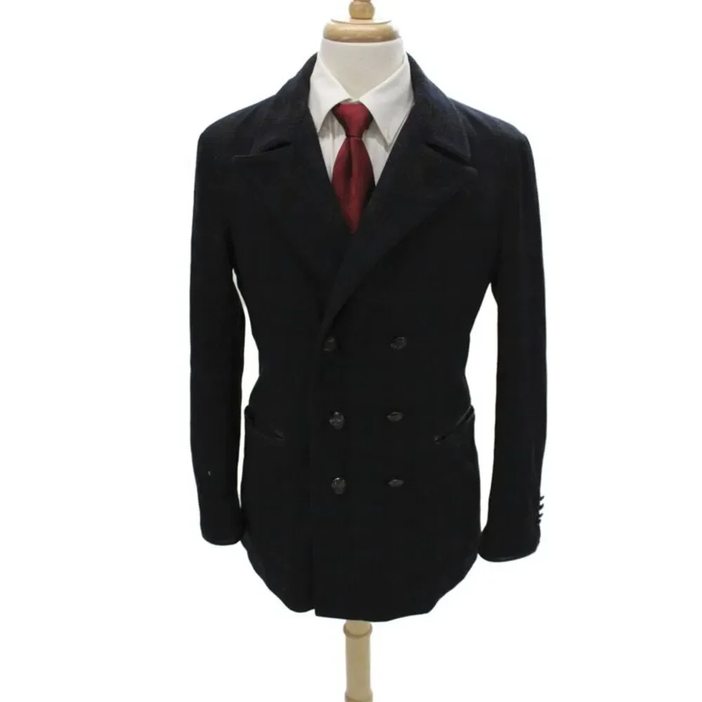John Varvatos Star USA Mens Black Pea Coat Button Collared Wool Blend Size M